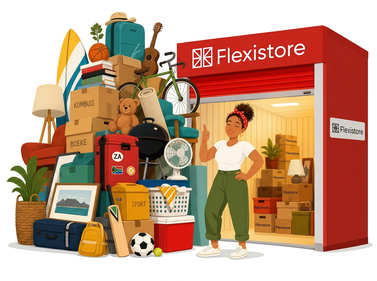 Cheerful cartoon of someone with a mountain of stuff and a welcoming open storage unit