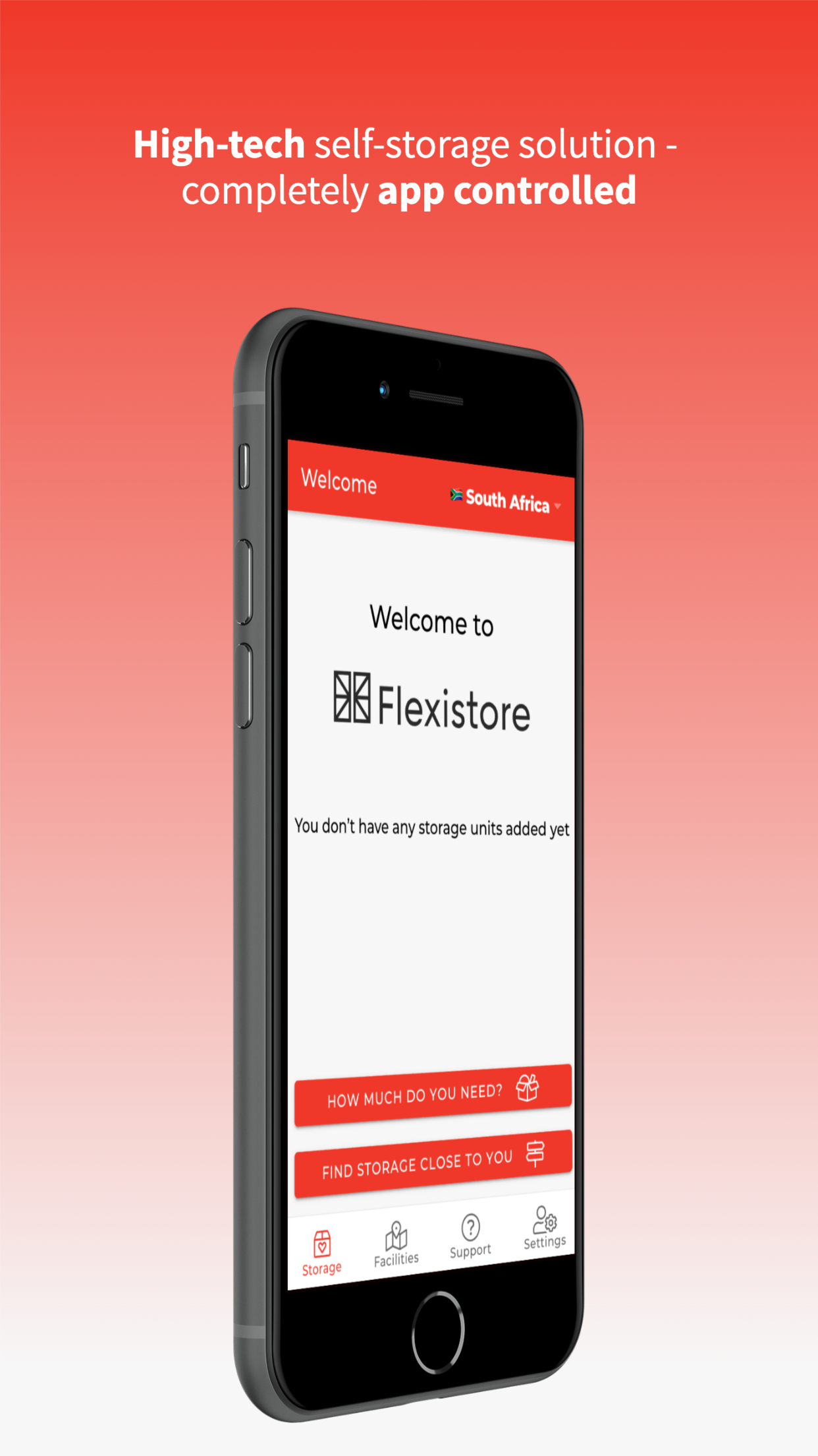 Flexistore app welcome screen — high-tech self-storage controlled from your phone